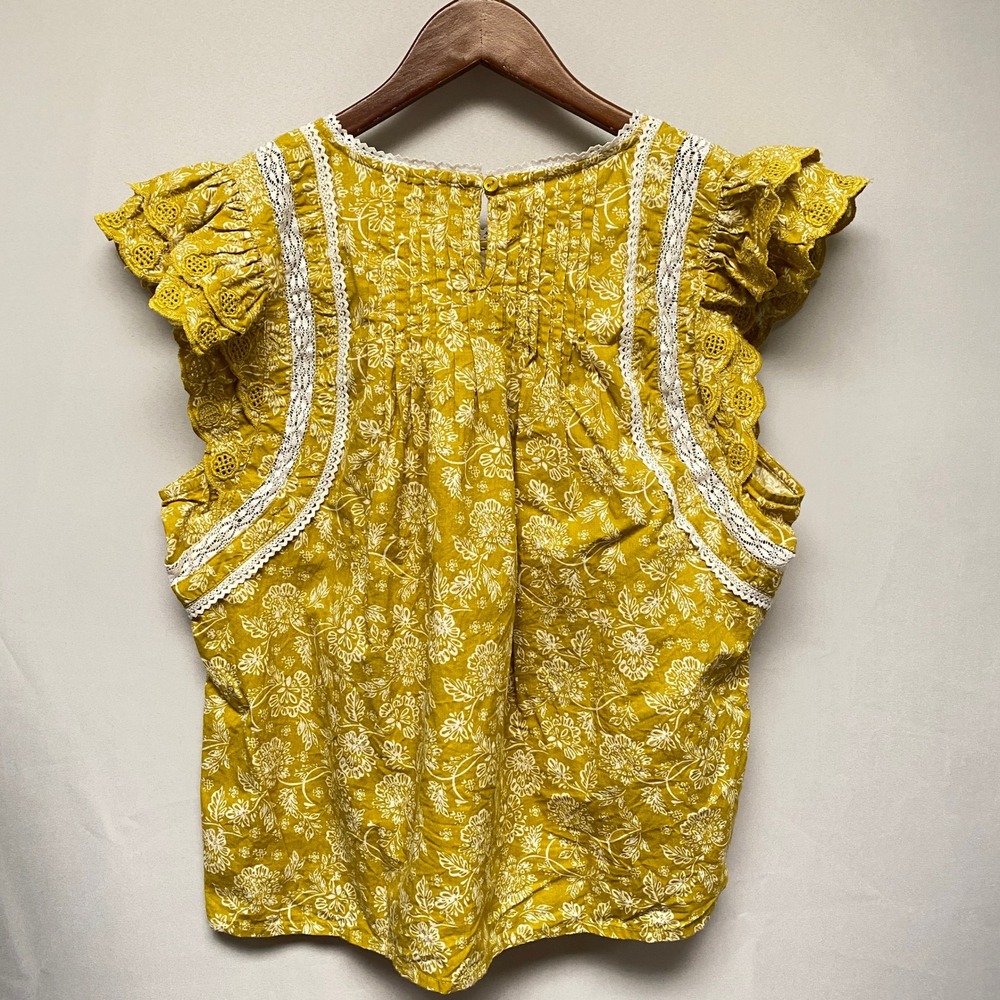 Jennifer Grace Yellow Floral Flutter Sleeve Lace Trim Pintuck Boho Top Size M - Picture 8 of 11
